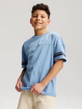 Cat & Jack Light Blue Short Sleeve Tee with Navy Sleeve Stripes